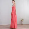Amazing / Unique Floor-Length / Long Watermelon Formal Dresses 2018 V-Neck A-Line / Princess Chiffon Lace-up Appliques Backless Evening Party Evening Dresses