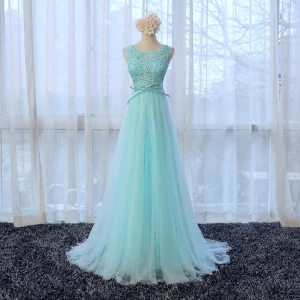 Chic Belle Longue Bleu Robe De Soirée 2018 U Cou Princesse Fermeture Éclair Appliques Perlage Robe De Ceremonie