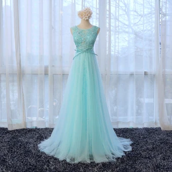 Chic Beautiful Floor Length Long Pool Blue Evening Dresses 2018 U Neck A Line Princess Zipper Up Appliques Beading Formal Dresses