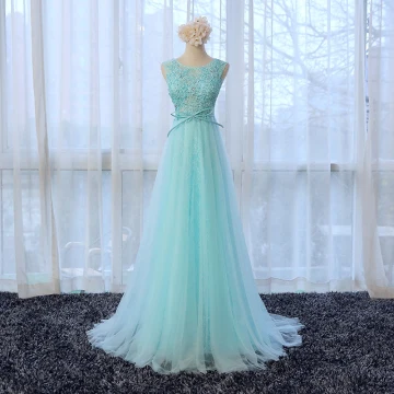 Chic Beautiful Floor Length Long Pool Blue Evening Dresses 2018 U Neck A Line Princess Zipper Up Appliques Beading Formal Dresses