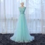 Chic / Beautiful Floor-Length / Long Pool Blue Evening Dresses  2018 U-Neck A-Line / Princess Zipper Up Appliques Beading Formal Dresses