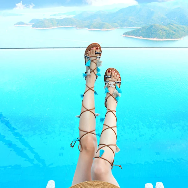 Modern / Fashion Bohemia Brown Womens Sandals Beach Leather Summer Beading Strappy Tassel Flat Sandals Womens Shoes 2019