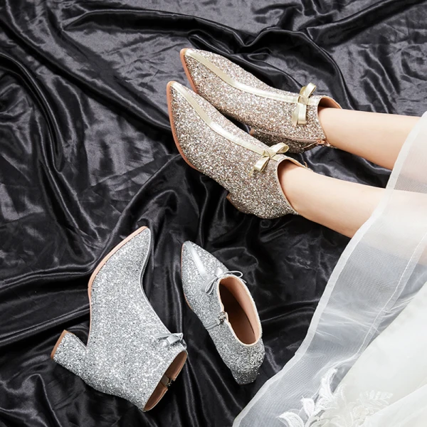 Scintillantes Bling Bling Doré Mariage Bottes 2020 Glitter Paillettes Polyester Bottines À Bout Pointu 6 cm Chaussure De Mariée