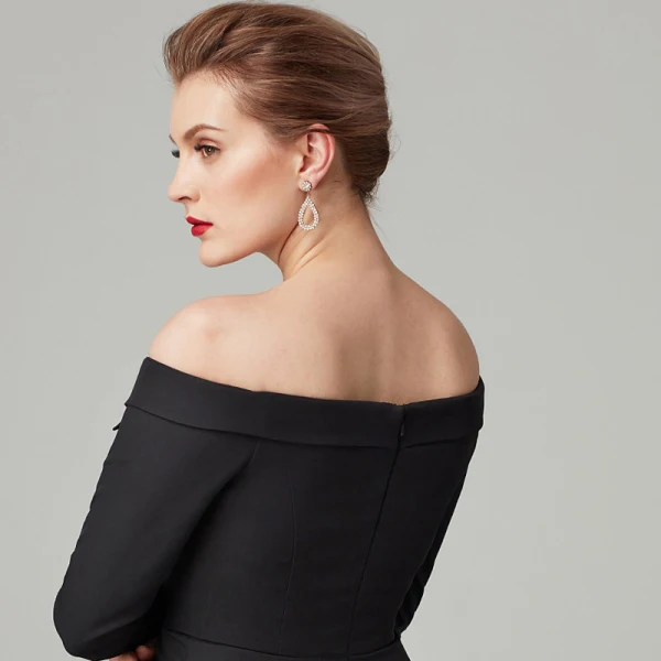Schlicht Empire Schwarz Abendkleider 2020 Lange Ärmel Off Shoulder Satin Rückenfreies Sweep / Pinsel Zug Abend Festliche Kleider