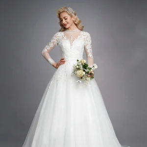 Luxe Blanche Robe De Mariée 2020 Princesse Col Haut Manches Longues Dentelle 3d Fermeture Éclair Appliques Dos Nu Perlage Cristal Chapel Train Mariage