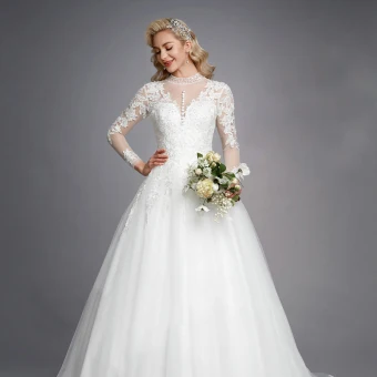 Luxe Blanche Robe De Mariée 2020 Princesse Col Haut Manches Longues Dentelle 3d Fermeture Éclair Appliques Dos Nu Perlage Cristal Chapel Train Mariage