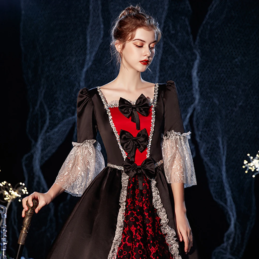 Vintage Retro Medieval Gothic Black Red Ball Gown Prom Dresses 2021 Square Neckline Long