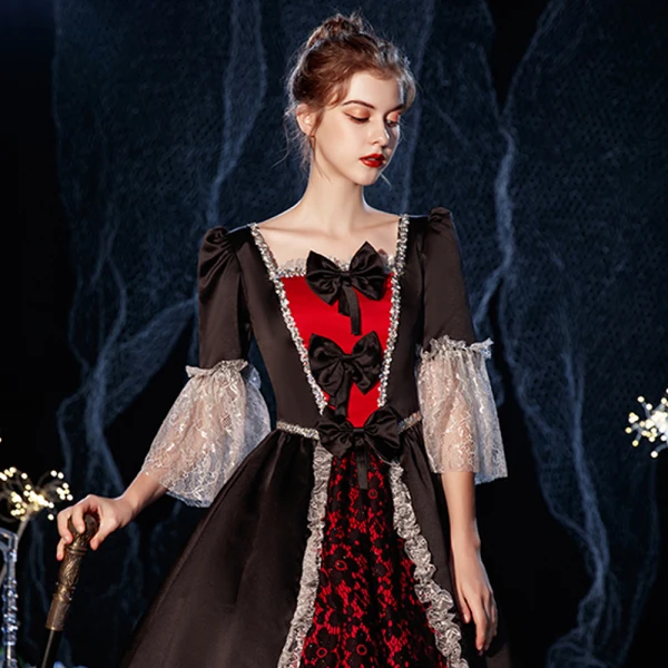 Vintage / Retro Medieval Gothic Black Red Ball Gown Prom Dresses 2021 Square Neckline Floor-Length / Long 1/2 Sleeves 3D Lace Sequins Cosplay Prom Formal Dresses