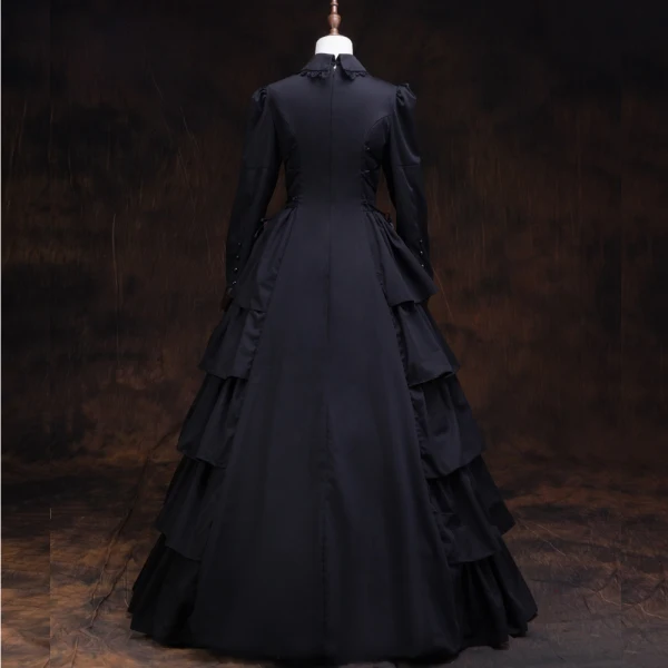 Vintage / Retro Medieval Gothic Black Ball Gown Prom Dresses 2021 Long Sleeve High Neck Floor-Length / Long Buttons Satin Solid Color Cosplay Prom Formal Dresses