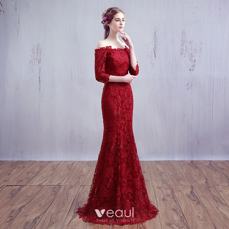 Amazing Unique Floor Length Long Burgundy Evening Dresses 2018 Trumpet Mermaid Lace up Beading Sequins Strapless Evening Party Formal Dresses