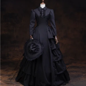 Vintage Retro Medieval Gothic Black Ball Gown Prom Dresses 2021 Long Sleeve High Neck Floor Length Long Buttons Satin Solid Color Cosplay Prom Formal Dresses