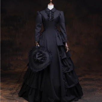 Vintage Medeltida Gotisk Svarta Balklänning Balklänningar 2021 Långärmad Hög Hals Långa Knappar Satin Enfärgad Cosplay Bal Formella Klänningar