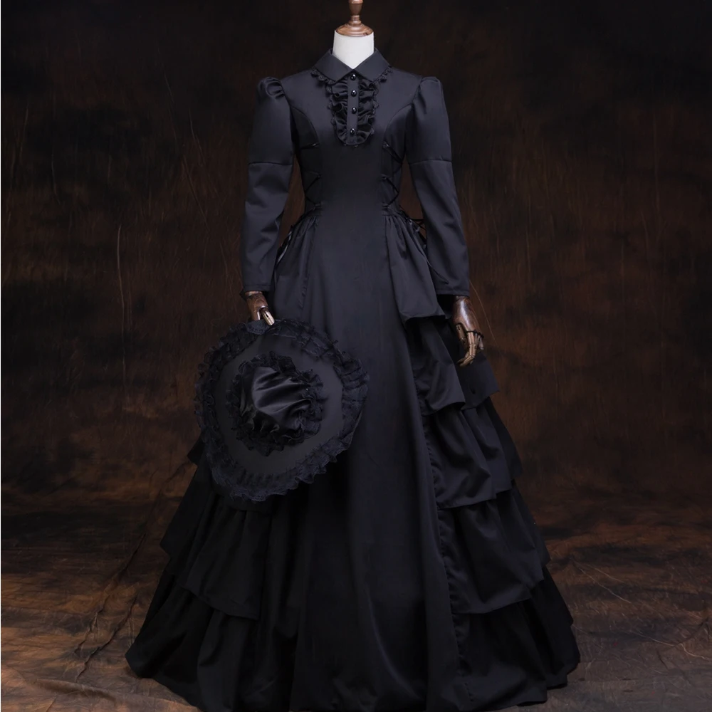 Vintage Retro Medieval Gothic Black Ball Gown Prom Dresses 2021 Long Sleeve High Neck