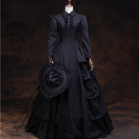 Vintage Middelalder Gotisk Svart Ballkjole Ballkjoler 2021 Langermede Høy Hals Lange Knapper Satin Ensfarget Cosplay Ball Formelle Kjoler