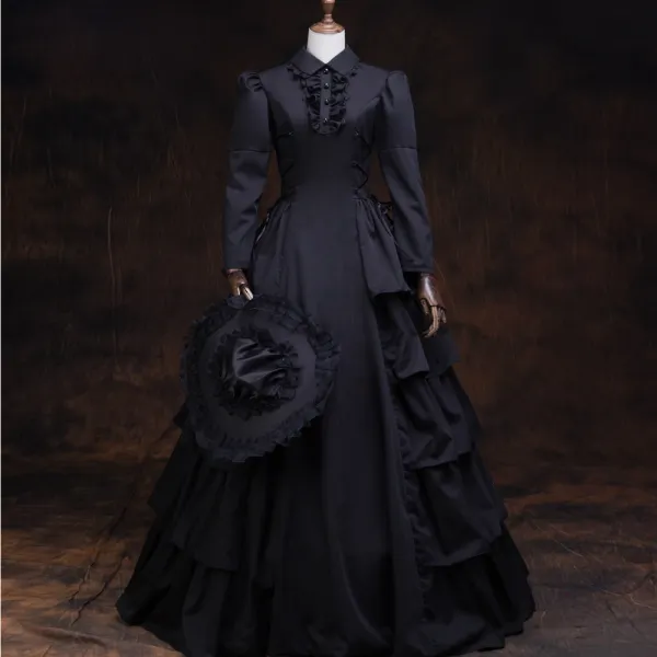 Vintage / Retro Medieval Gothic Black Ball Gown Prom Dresses 2021 Long Sleeve High Neck Floor-Length / Long Buttons Satin Solid Color Cosplay Prom Formal Dresses