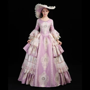 Vintage Retro Medieval Lavender Ball Gown Prom Dresses 2021 U Neck Long Sleeve Floor Length Long Lace Appliques Embroidered Cosplay Prom Formal Dresses