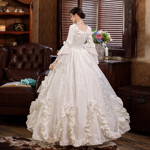 Vintage Middelalderlig Elegant Ivory Gallakjoler 2021 3D Blonde Beading Perle Pailletter Lange U-udskæring Cosplay Bryllups Dancing Vinter Langærmet Selskabskjoler