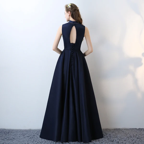 Elegante Marineblau Abendkleider 2017 Ärmellos Rückenfreies Perle Riemchen Charmeuse Festliche Kleider