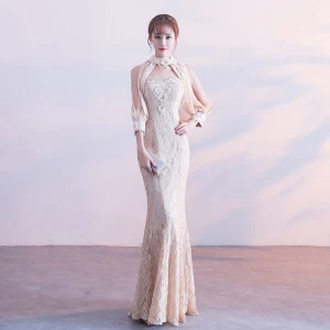 Chic Belle Champagne Robe De Soirée 2017 Trompette Sirène Dentelle Bustier Appliques Perlage Faux Diamant Soirée Robe De Ceremonie