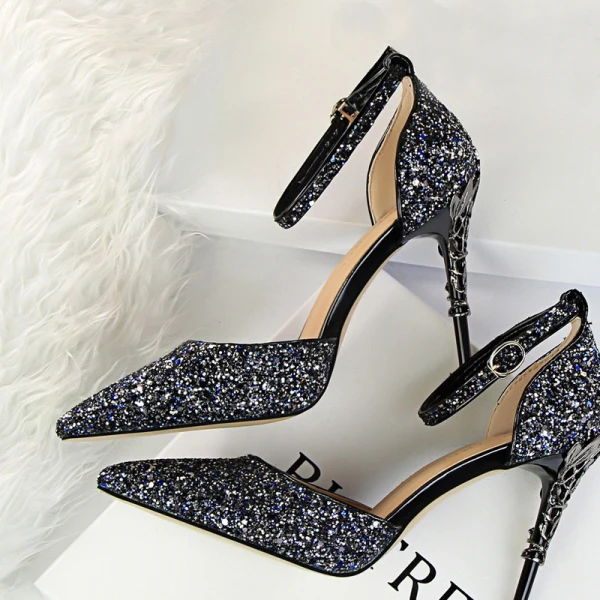 Sparkly Silver High Heels 2018 Cocktail Party Evening Party Prom 9 cm Heels Pointed Toe Ankle Strap Glitter Womens Shoes