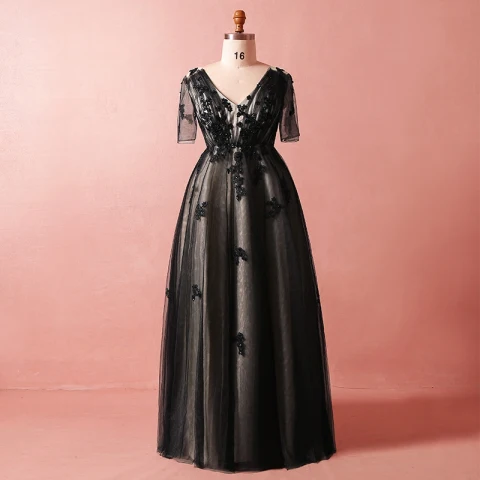 Hermoso Negro Talla Extra Vestidos de noche 2018 A-Line / Princess 1/2 Ærmer V-Cuello Tul Con Encaje Correas Cruzadas Apliques Sin Espalda Rebordear Verano Noche Vestidos Formales