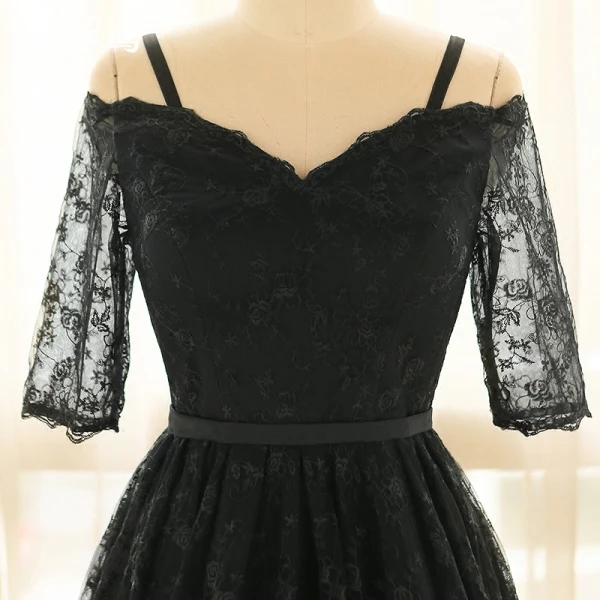 Chic / Beautiful Black Plus Size Cocktail Dresses 2018 1/2 Sleeves A-Line / Princess Lace-up V-Neck Tulle Appliques Backless Cocktail Party Formal Dresses