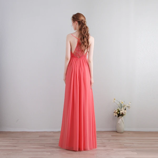 Amazing / Unique Floor-Length / Long Watermelon Formal Dresses 2018 V-Neck A-Line / Princess Chiffon Lace-up Appliques Backless Evening Party Evening Dresses