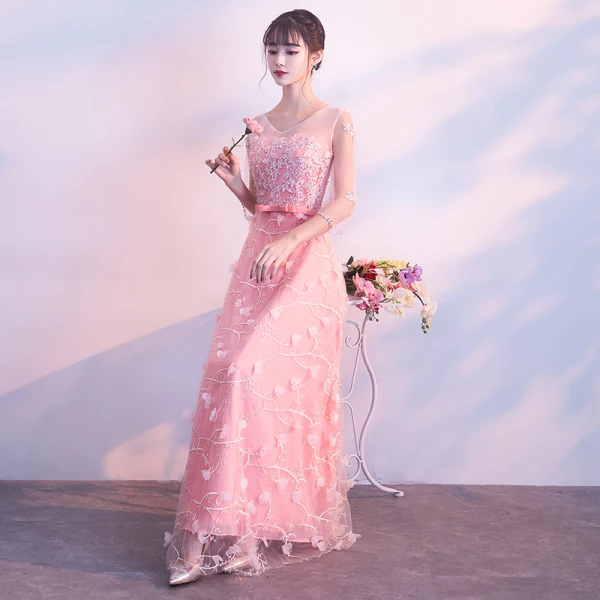 Chic / Beautiful Candy Pink Floor-Length / Long Evening Dresses 2018 A-Line / Princess V-Neck Tulle Appliques Backless Beading Sequins Evening Party Formal Dresses