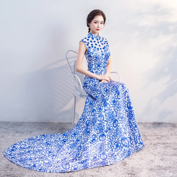 Chinese style Royal Blue Chapel Train Evening Dresses 2018 Trumpet / Mermaid High Neck Appliques Backless Printing Charmeuse Evening Party Formal Dresses