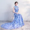 Chinese style Royal Blue Chapel Train Evening Dresses  2018 Trumpet / Mermaid High Neck Appliques Backless Printing Charmeuse Evening Party Formal Dresses