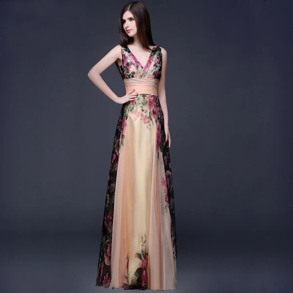 Flower Fairy Champagne Floor-Length / Long Maxi Dresses 2018 A-Line / Princess V-Neck Sleeveless Chiffon Backless Printing Beach Summer Womens Clothing