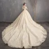 Luxury / Gorgeous Champagne Ball Gown Wedding Dresses 2019 U-Neck Lace Tulle Backless Beading Embroidered Cathedral Train Church Wedding