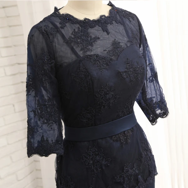 Modest / Simple Navy Blue Short Trumpet / Mermaid Mother Of The Bride Dresses 2019 Lace Satin U-Neck Appliques Backless Embroidered Church Wedding Party Dresses