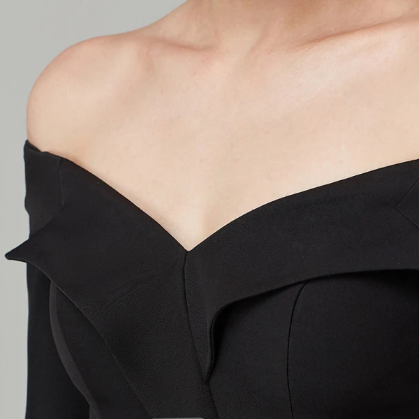 Schlicht Empire Schwarz Abendkleider 2020 Lange Ärmel Off Shoulder Satin Rückenfreies Sweep / Pinsel Zug Abend Festliche Kleider