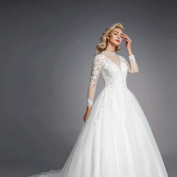 Luxury / Gorgeous White Wedding Dresses 2020 A-Line / Princess High Neck Long Sleeve 3D Lace Zipper Up Appliques Backless Beading Crystal Chapel Train Wedding