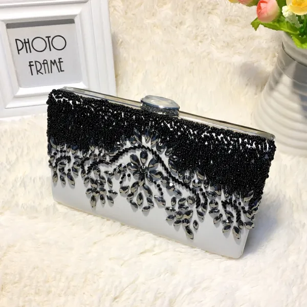 Chic / Beautiful 2017 Black White Leaf Crystal Rhinestone PU Cocktail Party Evening Party Outdoor / Garden Clutch Bags