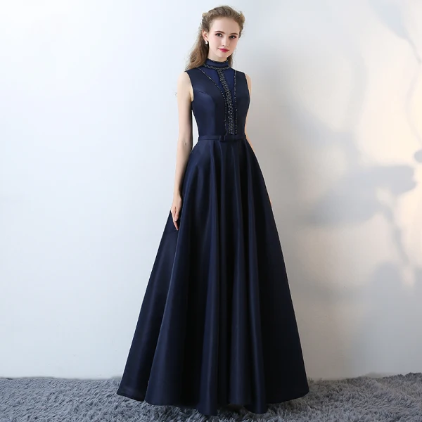 Elegante Marineblau Abendkleider 2017 Ärmellos Rückenfreies Perle Riemchen Charmeuse Festliche Kleider