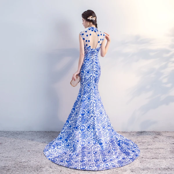 Chinese style Royal Blue Chapel Train Evening Dresses 2018 Trumpet / Mermaid High Neck Appliques Backless Printing Charmeuse Evening Party Formal Dresses