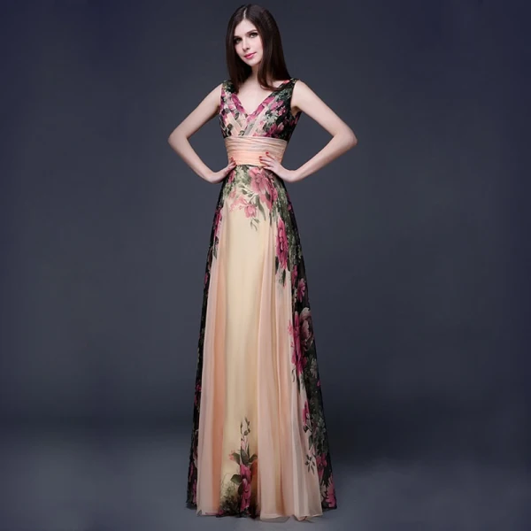 Flower Fairy Champagne Floor-Length / Long Maxi Dresses 2018 A-Line / Princess V-Neck Sleeveless Chiffon Backless Printing Beach Summer Womens Clothing