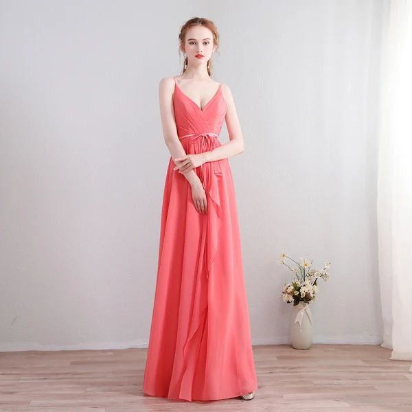 Amazing / Unique Floor-Length / Long Watermelon Formal Dresses 2018 V-Neck A-Line / Princess Chiffon Lace-up Appliques Backless Evening Party Evening Dresses