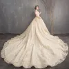 Luxury / Gorgeous Champagne Ball Gown Wedding Dresses 2019 U-Neck Lace Tulle Backless Beading Embroidered Cathedral Train Church Wedding