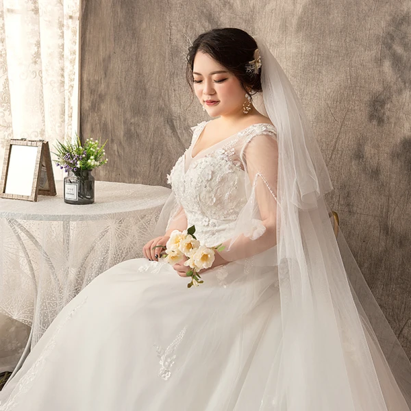 Chic / Belle Blanche Grande Taille Robe Boule Robe De Mariée 2019 V-Cou Dentelle Tulle Fait main Chapel Train Mariage