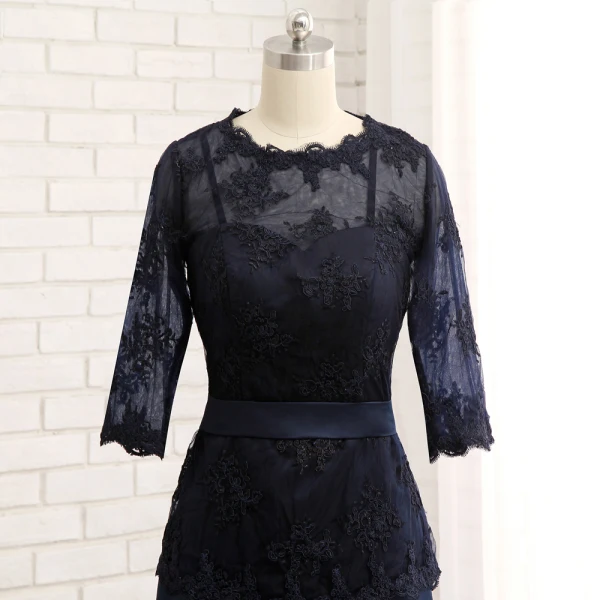 Modest / Simple Navy Blue Short Trumpet / Mermaid Mother Of The Bride Dresses 2019 Lace Satin U-Neck Appliques Backless Embroidered Church Wedding Party Dresses