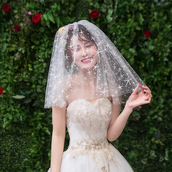 Błyszczące Bling Bling Białe Ślub Koronkowe Tiulowe Aplikacje Krótkie Welony Ślubne 2019