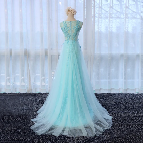 Chic / Beautiful Floor-Length / Long Pool Blue Evening Dresses 2018 U-Neck A-Line / Princess Zipper Up Appliques Beading Formal Dresses