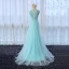Chic / Beautiful Floor-Length / Long Pool Blue Evening Dresses  2018 U-Neck A-Line / Princess Zipper Up Appliques Beading Formal Dresses