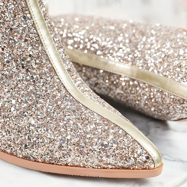 Scintillantes Bling Bling Doré Mariage Bottes 2020 Glitter Paillettes Polyester Bottines À Bout Pointu 6 cm Chaussure De Mariée