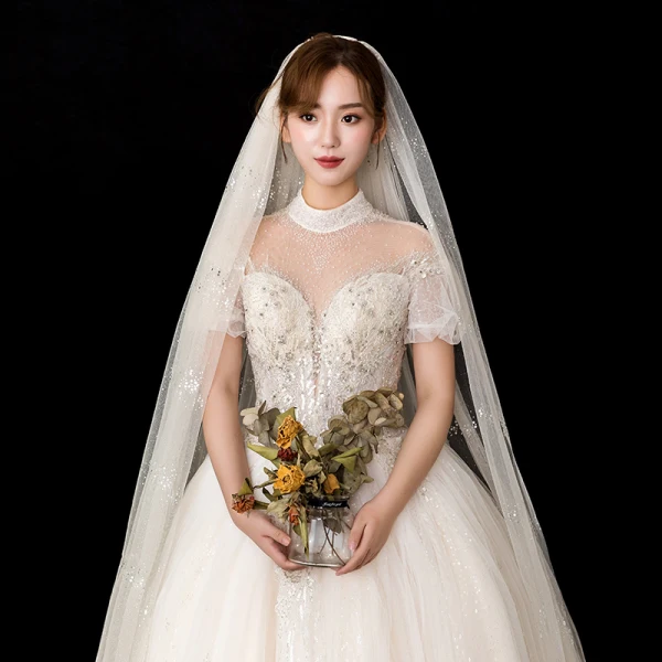 Amazing / Unique Champagne Glitter Wedding Veils 2020 Tulle Sequins 3 m Chapel Train Wedding Accessories
