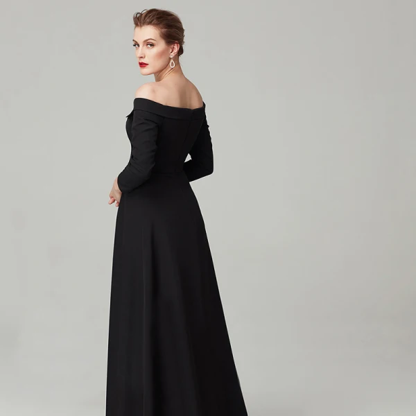 Schlicht Empire Schwarz Abendkleider 2020 Lange Ärmel Off Shoulder Satin Rückenfreies Sweep / Pinsel Zug Abend Festliche Kleider