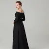 Modest / Simple Empire Black Evening Dresses  2020 Long Sleeve Off-The-Shoulder Satin Backless Sweep Train Evening Party Formal Dresses